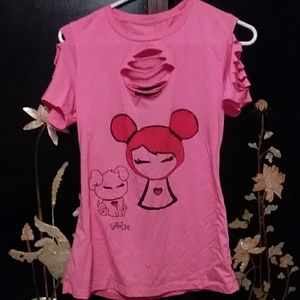 Handmade Art Pink Red Cut Distressed Shirt